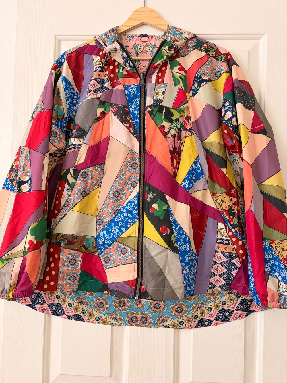 Johnny Was Reversible Multicolor Patchwork Hooded Windbreaker Jacket